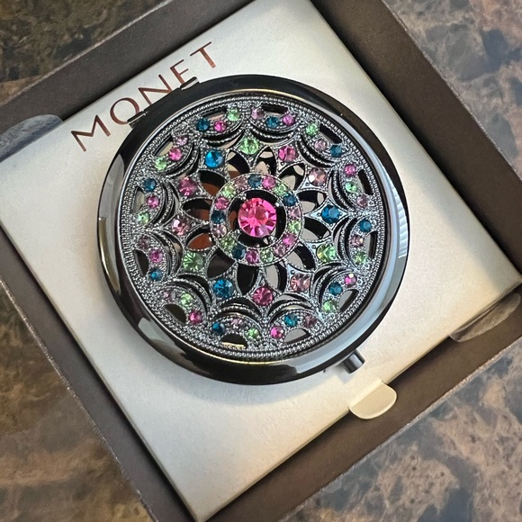 NIB Monet Pink and Black Decorative Compact Mirror - Picture 4 of 8